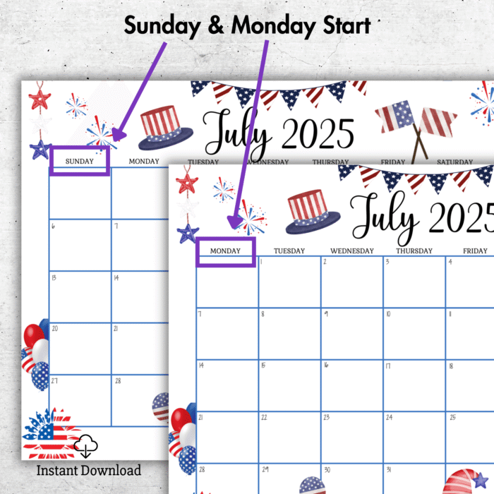 July 2025 Editable Patriotic Calendar with Gnomes and Fireworks? Red White Blue Printable PDF - Image 2