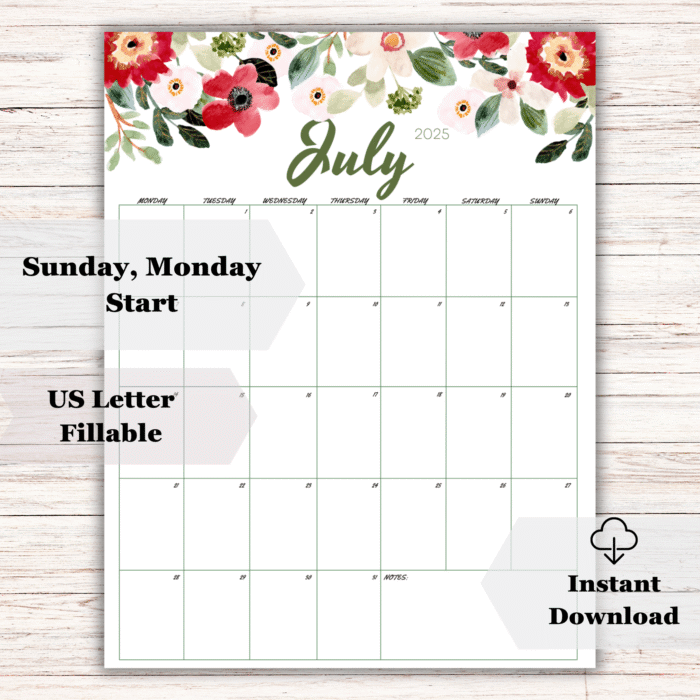 Floral July 2025 Printable Calendar ? US Letter, Fillable PDF, Sunday & Monday Start - Image 2