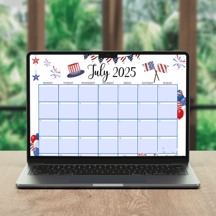 July 2025 Editable Patriotic Calendar with Gnomes and Fireworks? Red White Blue Printable PDF - Image 4