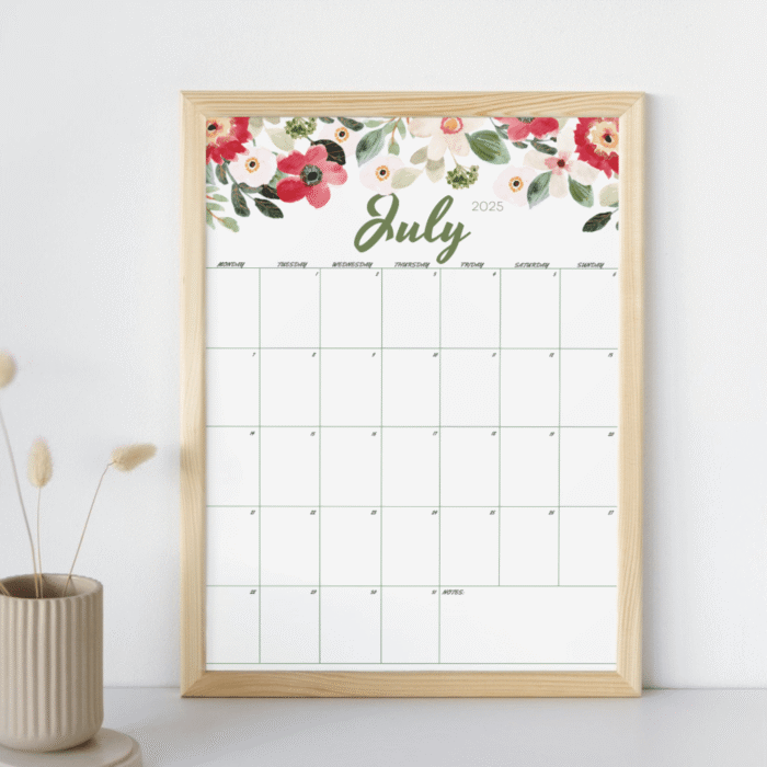 Floral July 2025 Printable Calendar ? US Letter, Fillable PDF, Sunday & Monday Start - Image 3