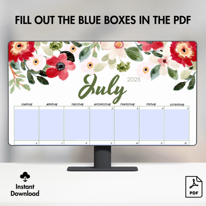 Floral July 2025 Printable Calendar ? US Letter, Fillable PDF, Sunday & Monday Start - Image 4