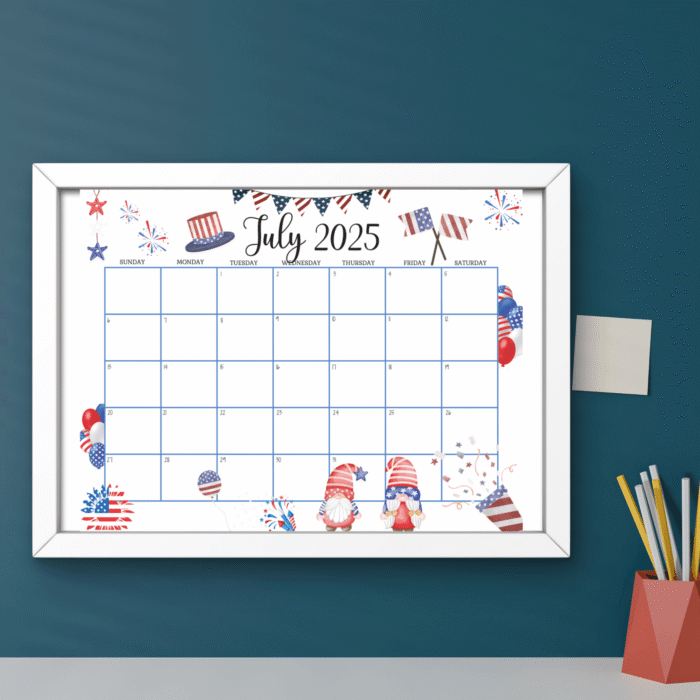 July 2025 Editable Patriotic Calendar with Gnomes and Fireworks? Red White Blue Printable PDF - Image 6