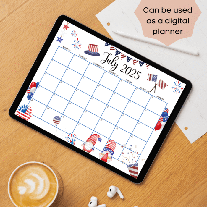 July 2025 Editable Patriotic Calendar with Gnomes and Fireworks? Red White Blue Printable PDF - Image 3