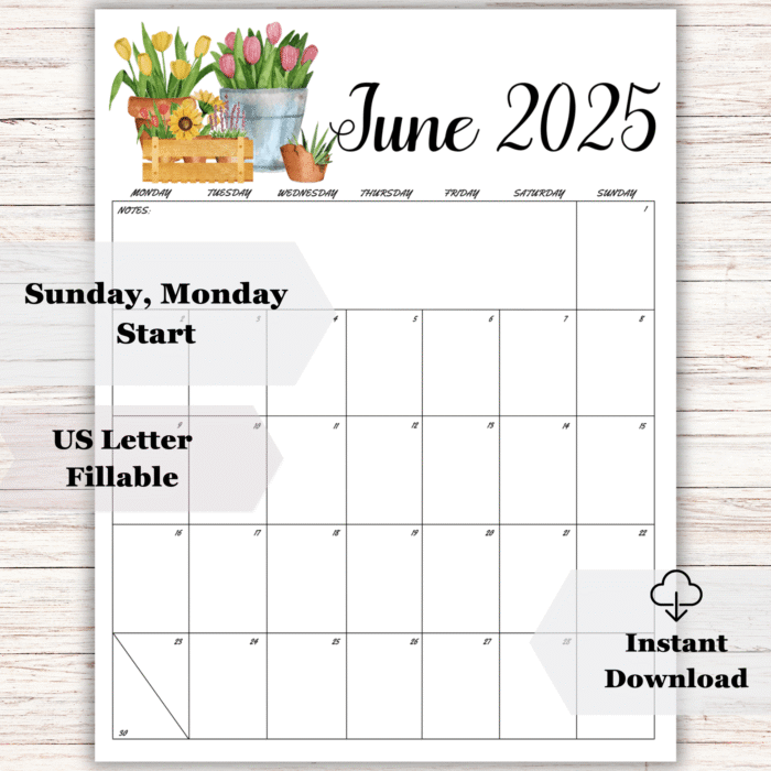 June 2025 Garden Theme Printable Calendar ? Minimal Style - Image 2