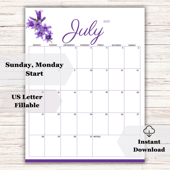 July 2025 Purple Floral Printable Calendar ? Fillable, US Letter, Instant Download - Image 2