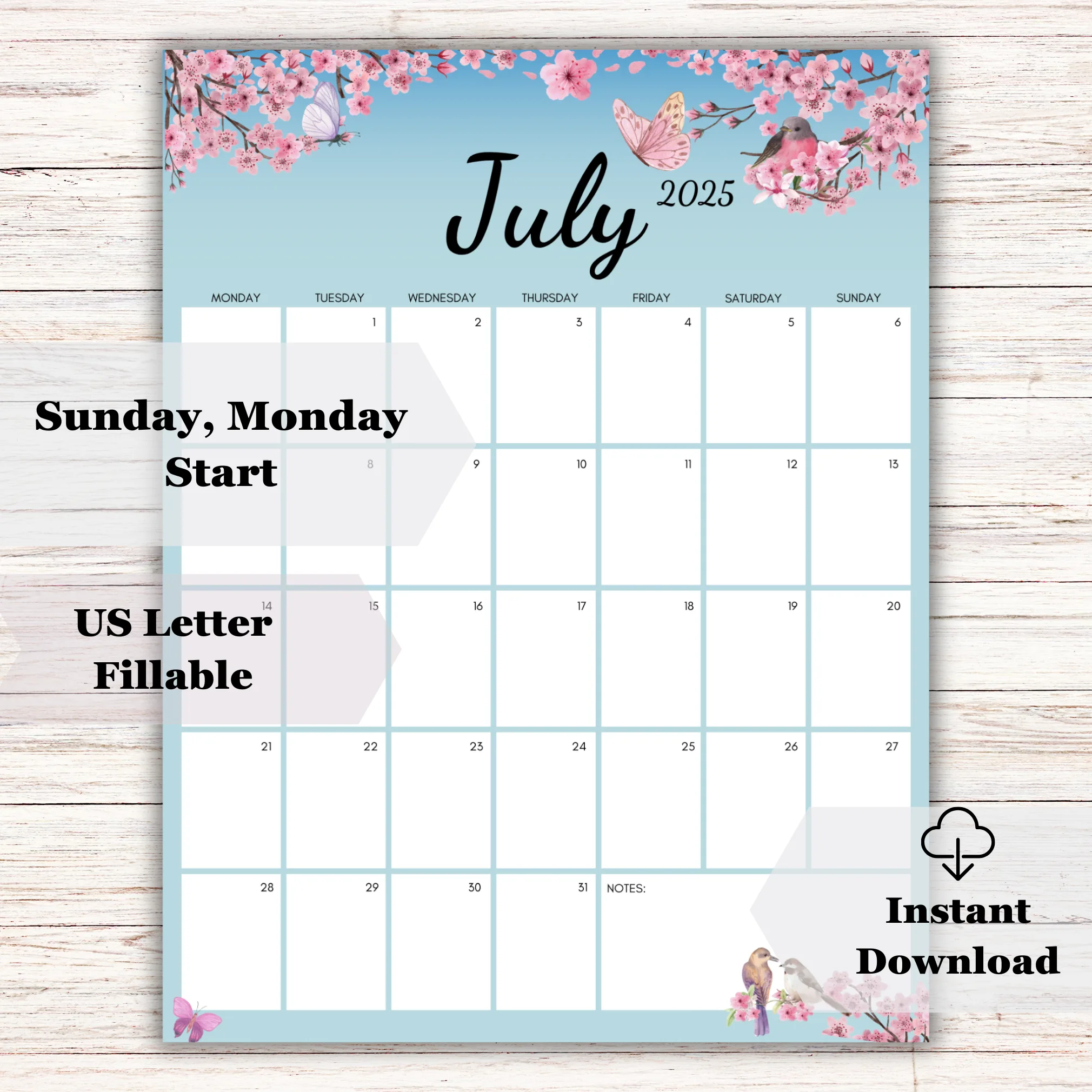 Blossom July 2025 Printable Calendar ? US Letter, Fillable, Sunday & Monday Start - Image 2