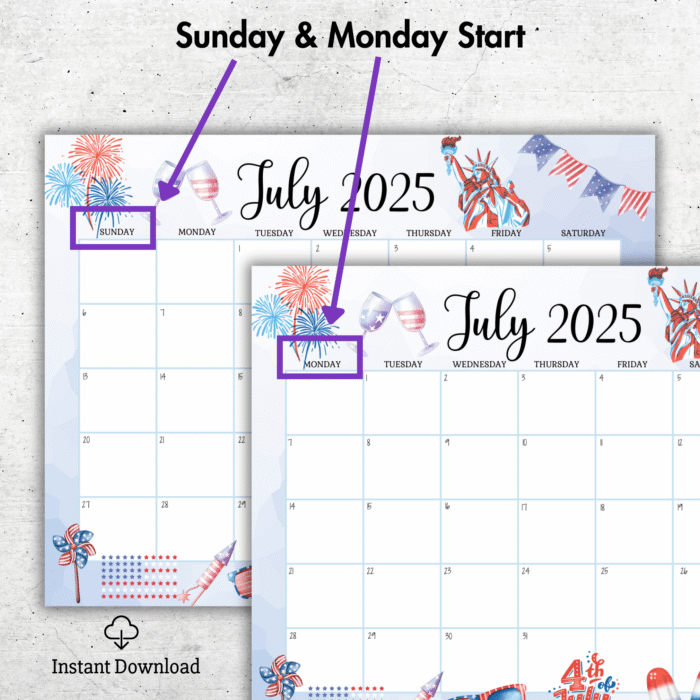 4th of July Editable Calendar 2025 - Fillable PDF, Sunday & Monday Start Included - Image 2