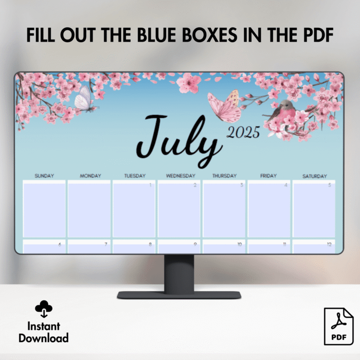 Blossom July 2025 Printable Calendar ? US Letter, Fillable, Sunday & Monday Start - Image 4
