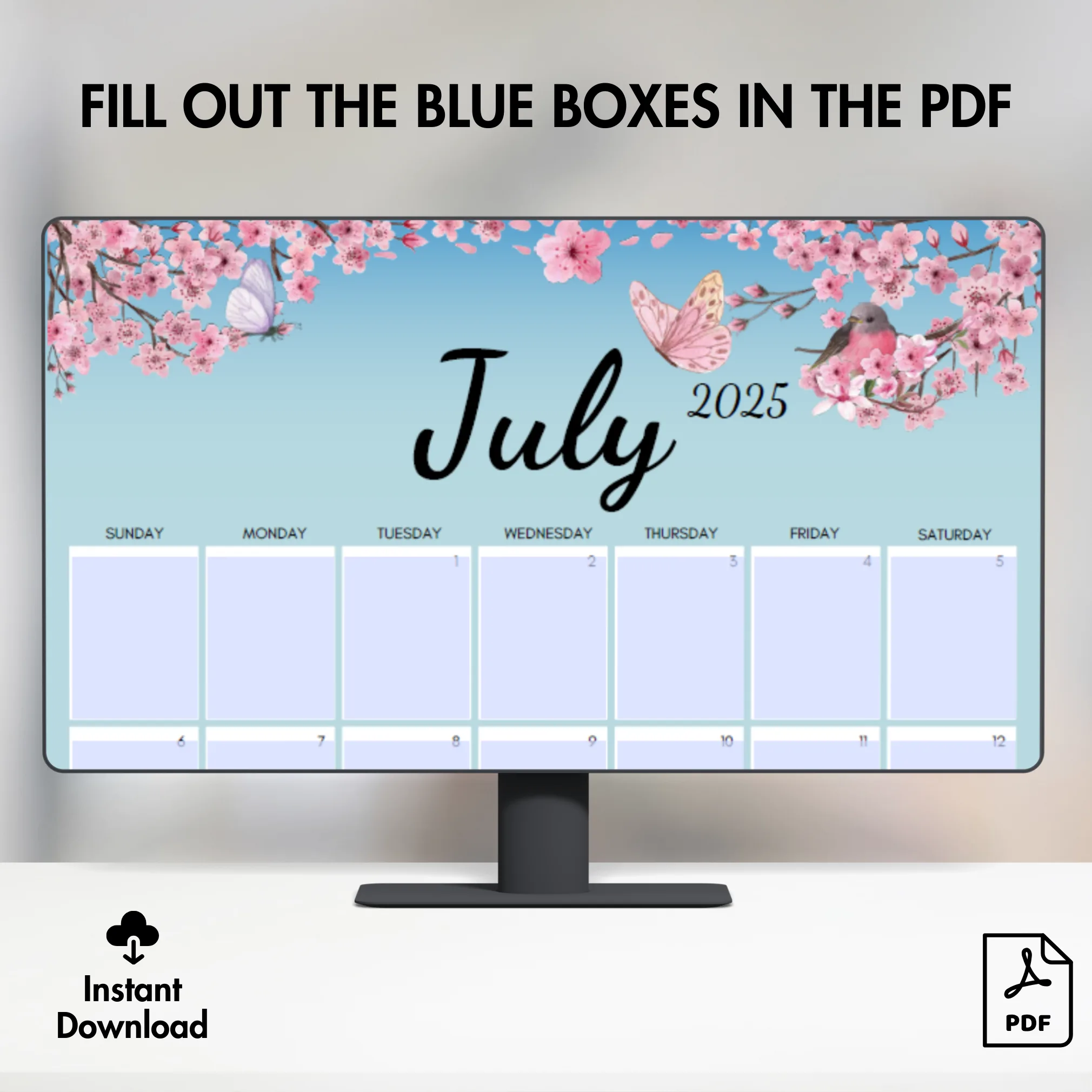Blossom July 2025 Printable Calendar ? US Letter, Fillable, Sunday & Monday Start - Image 4
