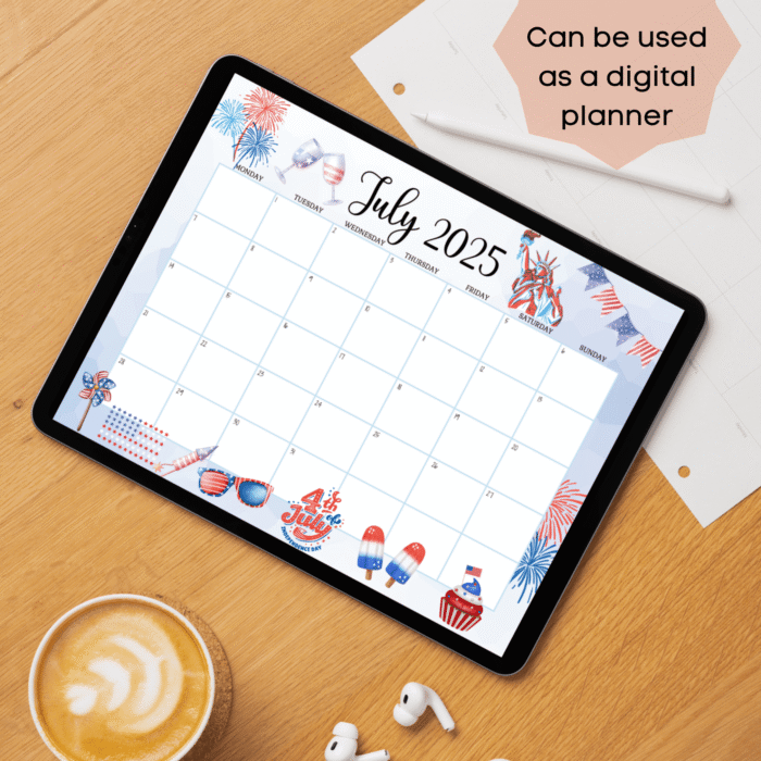 4th of July Editable Calendar 2025 - Fillable PDF, Sunday & Monday Start Included - Image 3