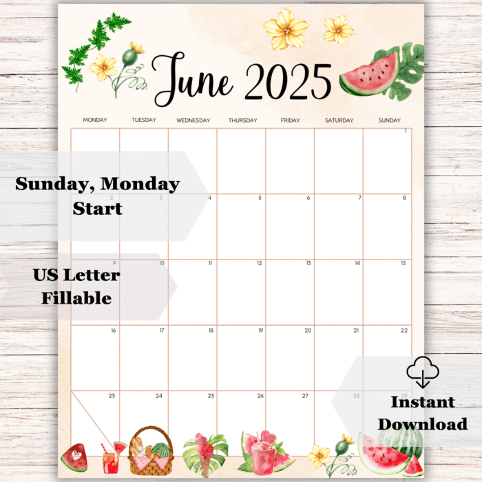 June 2025 Watermelon Picnic Printable Calendar - Image 2