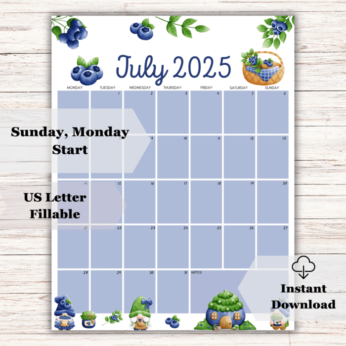 Blueberry Gnome July 2025 Printable Calendar ? Cute Summer Theme, Fillable, US Letter - Image 2