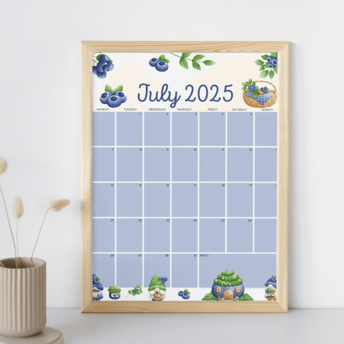 Blueberry Gnome July 2025 Printable Calendar ? Cute Summer Theme, Fillable, US Letter - Image 6