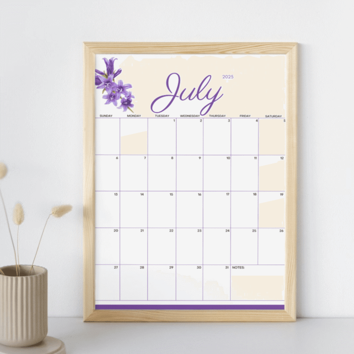 July 2025 Purple Floral Printable Calendar ? Fillable, US Letter, Instant Download - Image 5