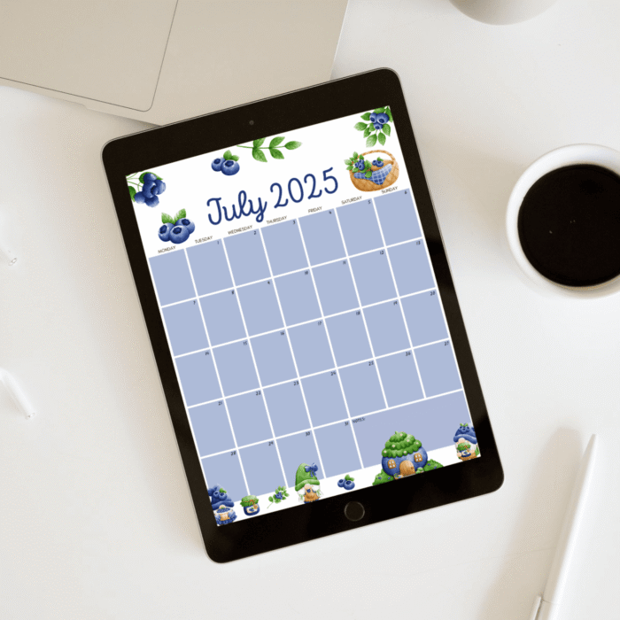 Blueberry Gnome July 2025 Printable Calendar ? Cute Summer Theme, Fillable, US Letter - Image 3
