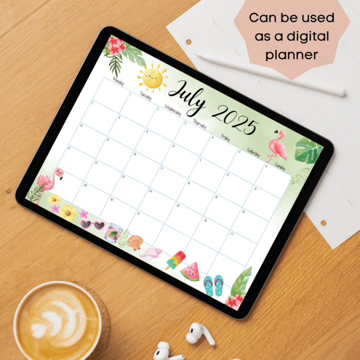 July 2025 Tropical Printable Calendar ? Summer Beach Theme Fillable - Image 3