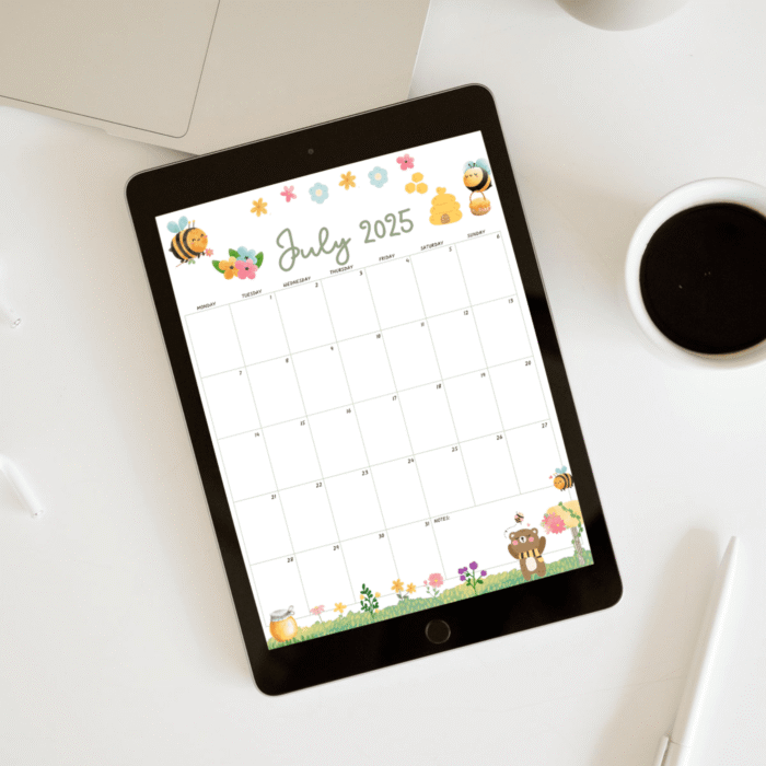 Bee July 2025 Printable Calendar ? Cute Summer Planner, US Letter, Fillable PDF - Image 3