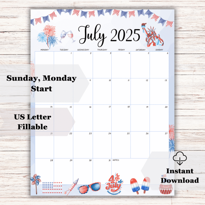 4th of July 2025 Printable Calendar ? Patriotic Red White Blue Design, US Letter, Fillable PDF - Image 2