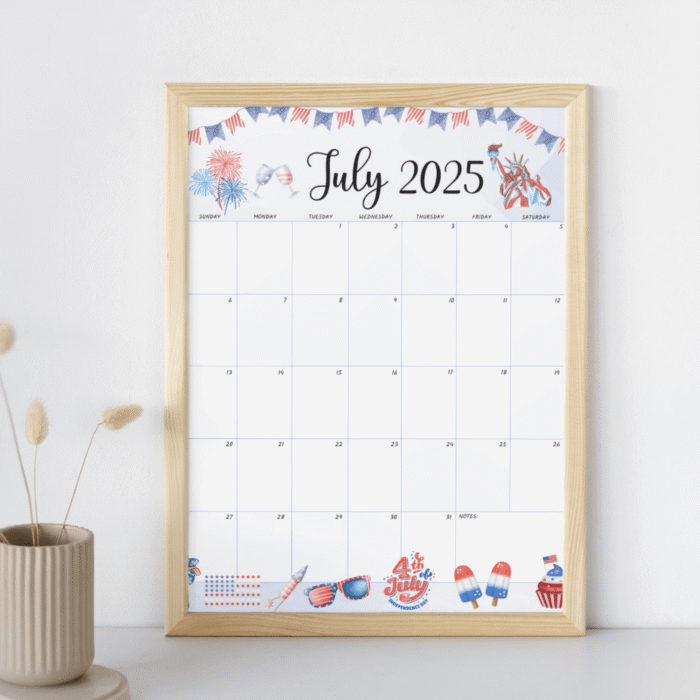 4th of July 2025 Printable Calendar ? Patriotic Red White Blue Design, US Letter, Fillable PDF - Image 6