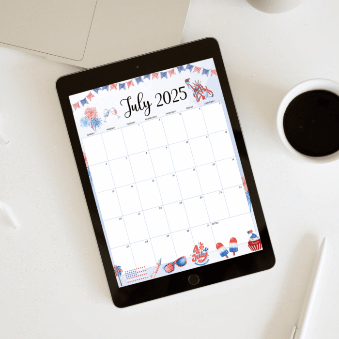 4th of July 2025 Printable Calendar ? Patriotic Red White Blue Design, US Letter, Fillable PDF - Image 3