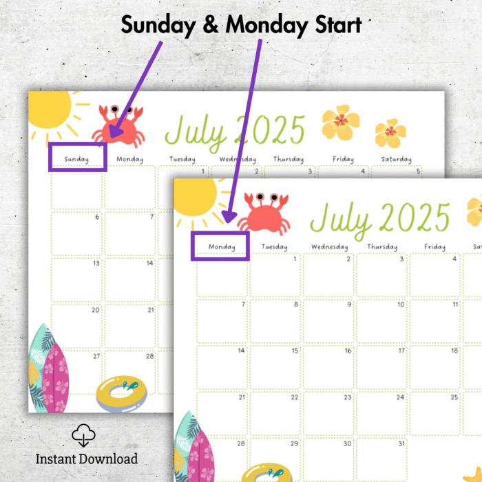 July 2025 Beach Vibes Calendar Printable ? Fun Summer Fillable PDF - Image 2