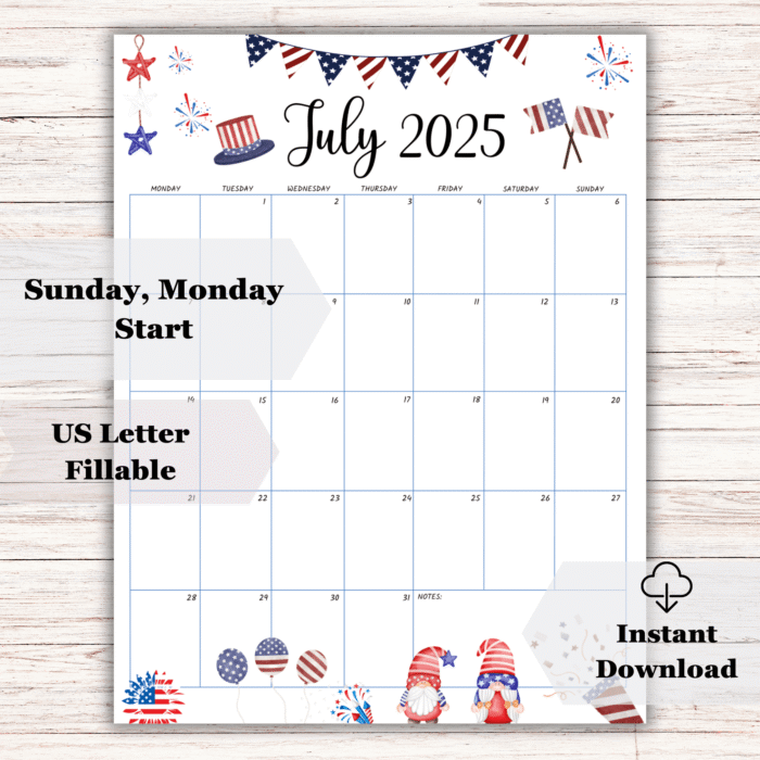 July 2025 Patriotic Printable Calendar ? Red White Blue Theme, US Letter PDF - Image 2