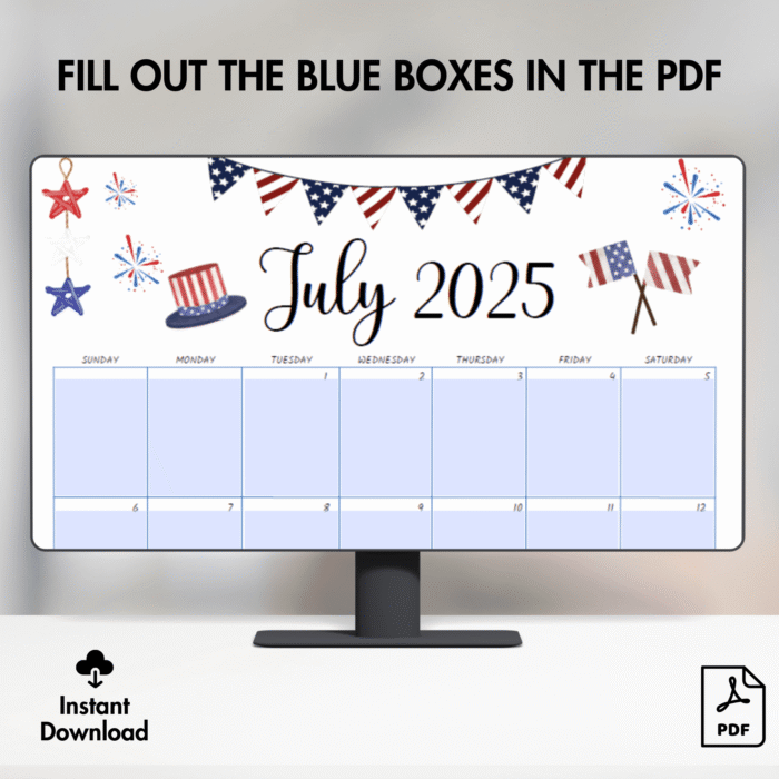 July 2025 Patriotic Printable Calendar ? Red White Blue Theme, US Letter PDF - Image 4