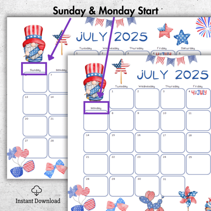 July 2025 4th of July Gnome Calendar PDF ? Patriotic Printable Planner - Image 2