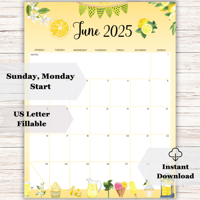 June 2025 Lemon Dessert Printable Calendar - Image 2