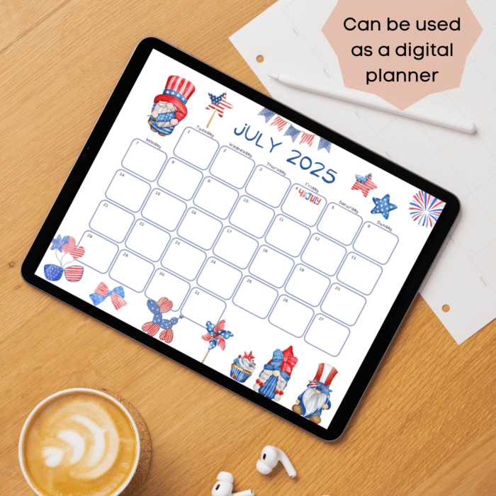 July 2025 4th of July Gnome Calendar PDF ? Patriotic Printable Planner - Image 3