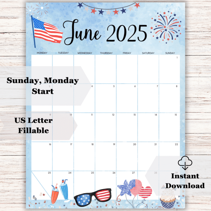 June 2025 Patriotic Printable Calendar ? 4th of July Theme - Image 2