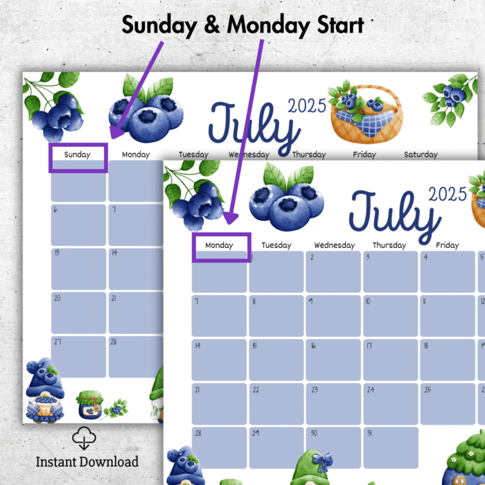 July 2025 Blueberry Gnome Calendar Printable ? Fillable PDF with Cute Summer Design - Image 2