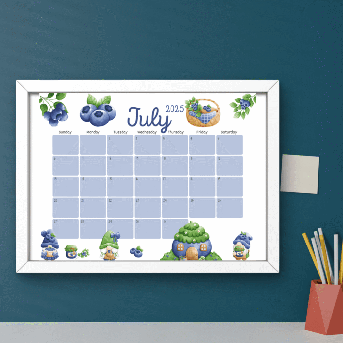July 2025 Blueberry Gnome Calendar Printable ? Fillable PDF with Cute Summer Design - Image 6