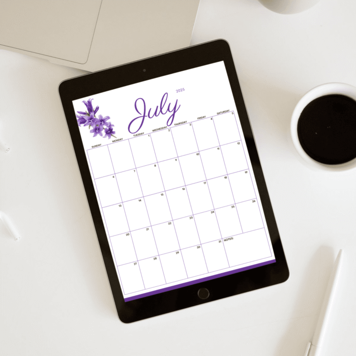 July 2025 Purple Floral Printable Calendar ? Fillable, US Letter, Instant Download - Image 3