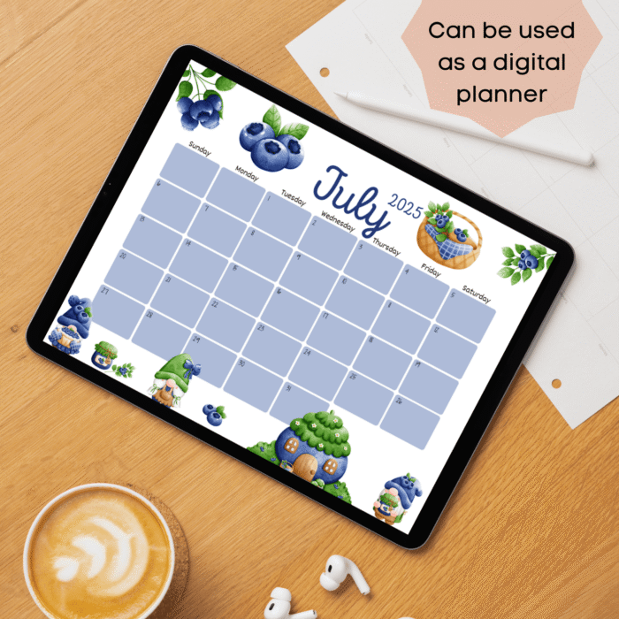 July 2025 Blueberry Gnome Calendar Printable ? Fillable PDF with Cute Summer Design - Image 3