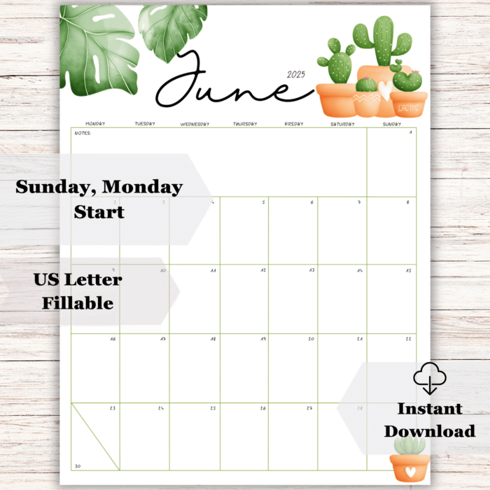 June 2025 Cactus Printable Calendar - Image 2