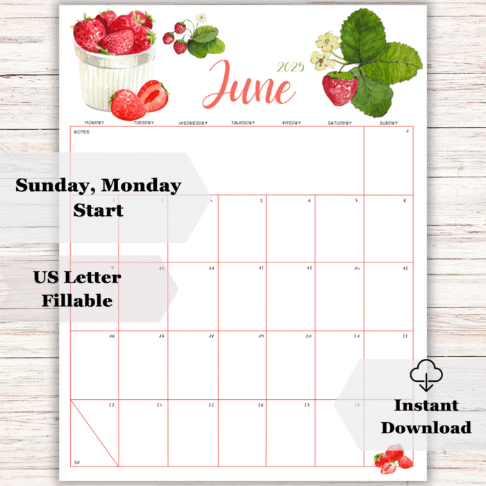 June 2025 Strawberry Printable Calendar ? Fillable PDF - Image 2