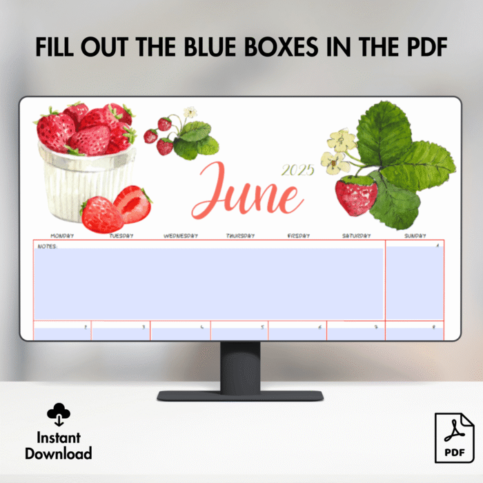 June 2025 Strawberry Printable Calendar ? Fillable PDF - Image 5