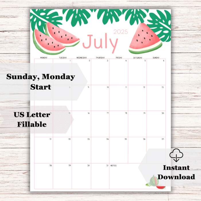Watermelon July 2025 Printable Calendar ? Fillable PDF, US Letter, Instant Download - Image 2