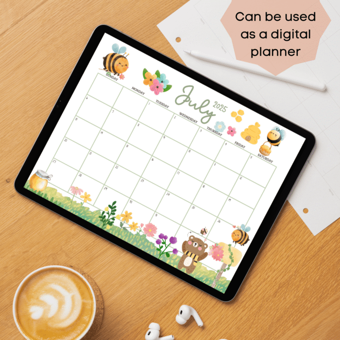 July 2025 Bee Themed Calendar Printable ? Cute Fillable PDF with Sunday & Monday Start - Image 3