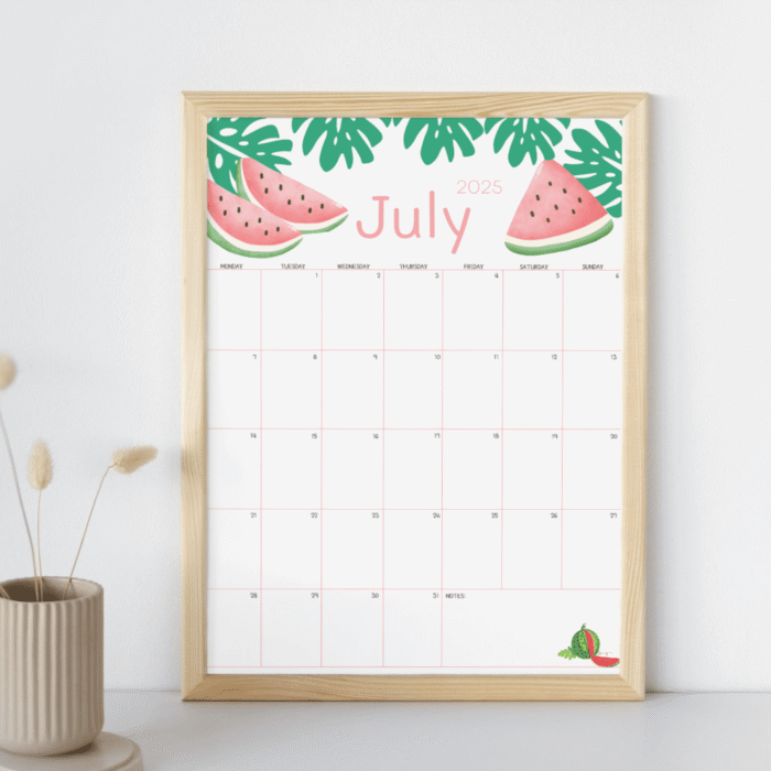 Watermelon July 2025 Printable Calendar ? Fillable PDF, US Letter, Instant Download - Image 3