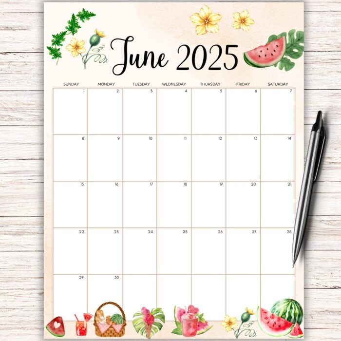 June 2025 Watermelon Picnic Printable Calendar