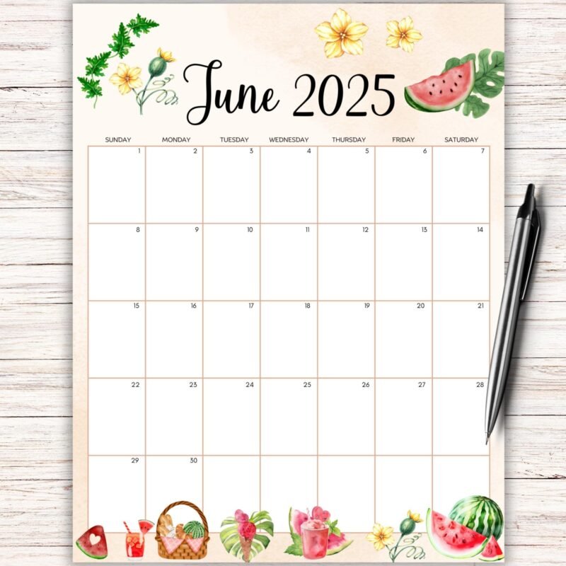 June 2025 Watermelon Picnic Printable Calendar