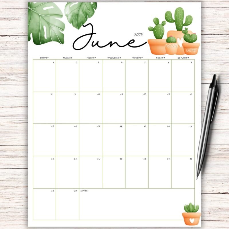 June 2025 Cactus Printable Calendar