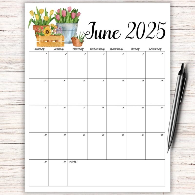 June 2025 Garden Theme Printable Calendar