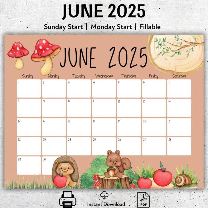 June 2025 Woodland Animals Calendar