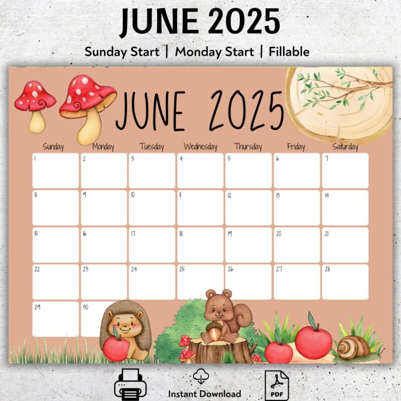June 2025 Woodland Animals Calendar