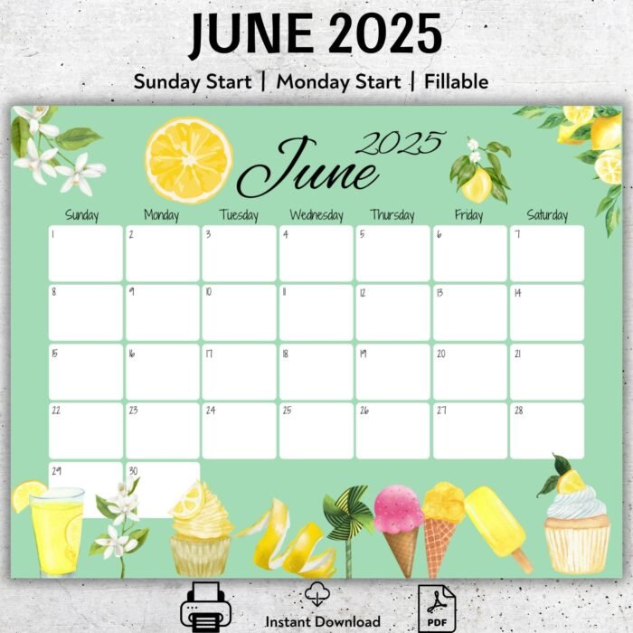 June 2025 Summer Treats Printable Calendar