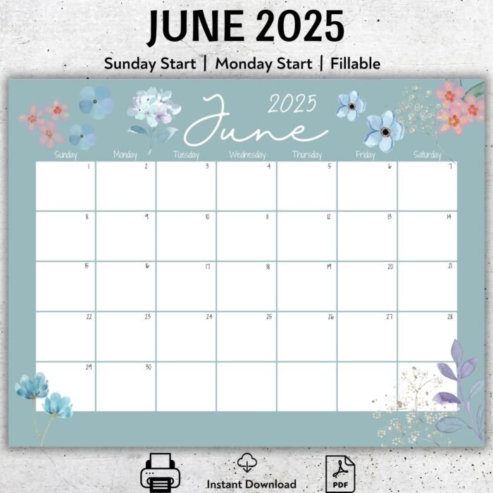 June 2025 Pastel Floral Printable Calendar