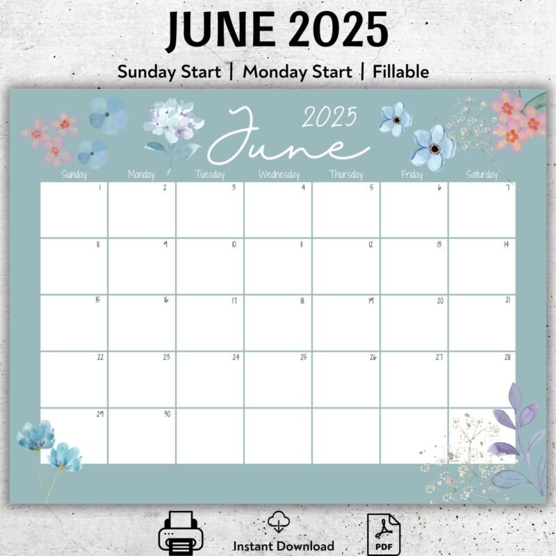 June 2025 Pastel Floral Printable Calendar